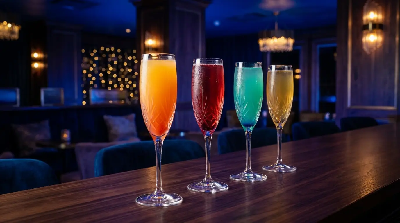 A flight of four colorful mimosas in crystal flutes on a dark bar in Exhale Cafe's lounge